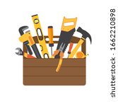 Toolbox with instruments inside. Workman's toolkit. Tool chest with hand tools. Workbox in flat style. Vector illustration