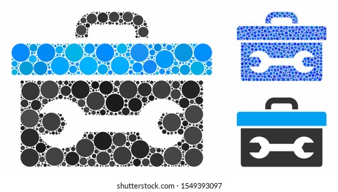 Toolbox mosaic of circle elements in various sizes and color tinges, based on toolbox icon. Vector circle elements are combined into blue collage. Dotted toolbox icon in usual and blue versions.