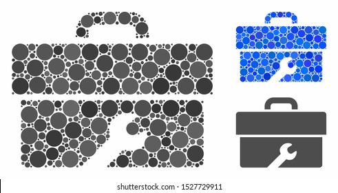 Toolbox mosaic of filled circles in various sizes and shades, based on toolbox icon. Vector filled circles are composed into blue collage. Dotted toolbox icon in usual and blue versions.