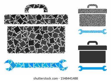 Toolbox mosaic of humpy items in various sizes and color hues, based on toolbox icon. Vector raggy items are united into collage. Toolbox icons collage with dotted pattern.