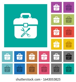 Toolbox multi colored flat icons on plain square backgrounds. Included white and darker icon variations for hover or active effects.