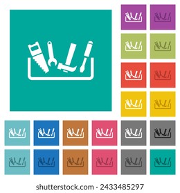Toolbox multi colored flat icons on plain square backgrounds. Included white and darker icon variations for hover or active effects.