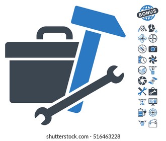 Toolbox pictograph with bonus aircopter tools icon set. Vector illustration style is flat iconic symbols on white background.