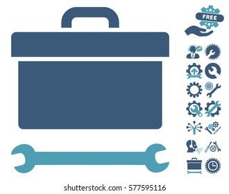 Toolbox pictograph with bonus configuration images. Vector illustration style is flat iconic cyan and blue symbols on white background.