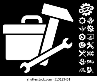 Toolbox pictograph with bonus options pictures. Vector illustration style is flat iconic white symbols on black background.