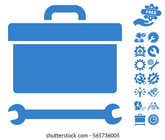 Toolbox pictograph with bonus tools icon set. Vector illustration style is flat iconic cobalt symbols on white background.