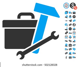 Toolbox pictograph with free bonus pictograph collection. Vector illustration style is flat iconic symbols, blue and gray colors, white background.