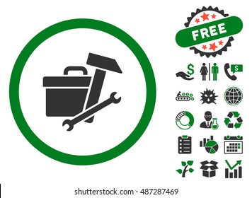 Toolbox pictograph with free bonus elements. Vector illustration style is flat iconic bicolor symbols, green and gray colors, white background.