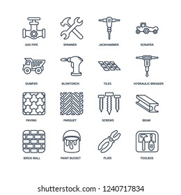 Toolbox, Plier, Paint bucket, Birck Wall, Beam, Gas pipe, Dumper, Paving, Tiles outline vector icons from 16 set