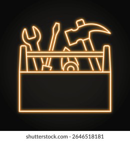 Toolbox with repair tools neon line icon. Carpenter tools, woodwork equipment toolkit. Vector illustration