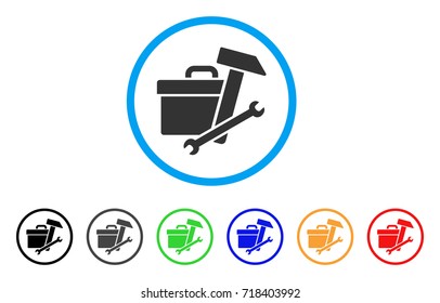 Toolbox rounded icon. Style is a flat toolbox gray symbol inside light blue circle with black, gray, green, blue, red, orange versions. Vector designed for web and software interfaces.