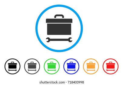 Toolbox rounded icon. Style is a flat toolbox grey symbol inside light blue circle with black, gray, green, blue, red, orange versions. Vector designed for web and software interfaces.