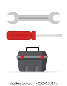 Toolbox, Screwdriver and wrench on white background. DIY mechanic hand tools set crossed. Tool for repair work. Repair and service icon. Settings and repair, service sign vector design illustration.