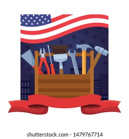 Toolbox with set of construction tools USA flag with ribbon banner emblem ,vector illustration graphic design.