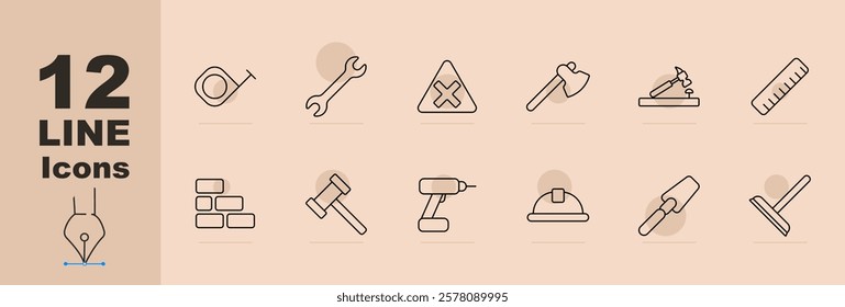 Toolbox set icon. Ruler, wrench, warning sign, axe, drill machine, measuring tools, hammer, spade, plunger, scraper, cutting tool. Represents essential tools for construction and maintenance.