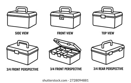 Toolbox sketch blueprint in different perspective, outline box element, simple toolbox design object