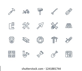 Toolbox, Spade tool, Bolster, Pipe, Joist, Plier, Screwdrivers, Stopping, Welding, Spanner, Paint roller outline vector icons from 20 set