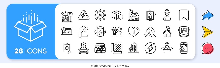 Toolbox, Square area and Lightning bolt line icons. Interest rate, AI generate, Inflation icons. Pack of Renewable power, Open box, New house icon. Vector