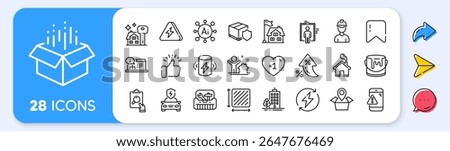 Toolbox, Square area and Lightning bolt line icons. Interest rate, AI generate, Inflation icons. Pack of Renewable power, Open box, New house icon. Vector