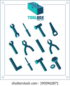 Toolbox tools icon set 3d blue vector graphics isolated	

