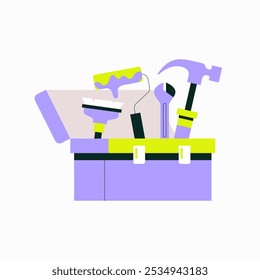 Caja De Herramientas Con Herramientas Que Incluyen Llave De Martillo Y Rodillo De Pintura En Ilustración vectorial Plana Que Simbolizan Reparación, Construcción Y Mantenimiento, Aislado Sobre Fondo Blanco