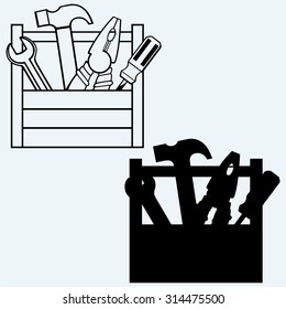 Toolbox with tools. Isolated on blue background