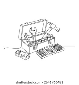 Toolbox with various tools isolated on white background in line art
