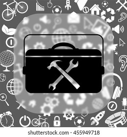 toolbox vector icon - matte glass button on background consisting of different icons