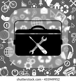 toolbox vector icon - matte glass button on background consisting of different icons