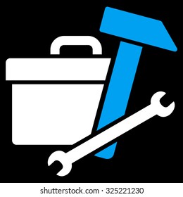 Toolbox vector icon. Style is bicolor flat symbol, blue and white colors, rounded angles, black background.