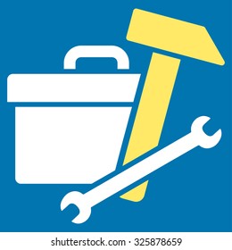 Toolbox vector icon. Style is bicolor flat symbol, yellow and white colors, rounded angles, blue background.