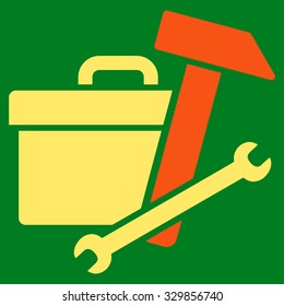 Toolbox vector icon. Style is bicolor flat symbol, orange and yellow colors, rounded angles, green background.
