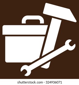Toolbox vector icon. Style is flat symbol, white color, rounded angles, brown background.