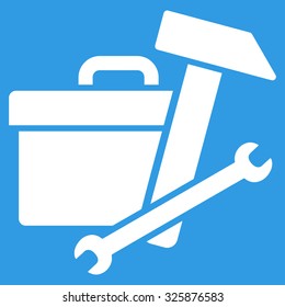 Toolbox vector icon. Style is flat symbol, white color, rounded angles, blue background.