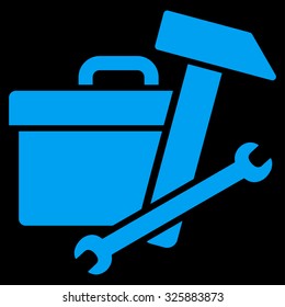 Toolbox vector icon. Style is flat symbol, blue color, rounded angles, black background.