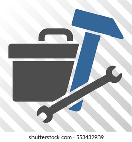 Toolbox vector pictograph. Illustration style is flat iconic bicolor cobalt and gray symbol on a hatched transparent background.