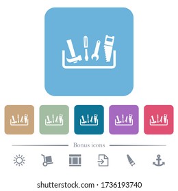 Toolbox white flat icons on color rounded square backgrounds. 6 bonus icons included