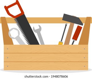 Toolbox. Wooden box with hammer, screwdriver, hacksaw and wrench. Vector illustration. Vector.