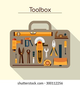 Toolbox of workman concept with hand and power tools vector illustration