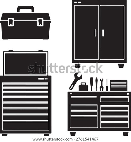 Toolbox and workshop storage cabinet icons set