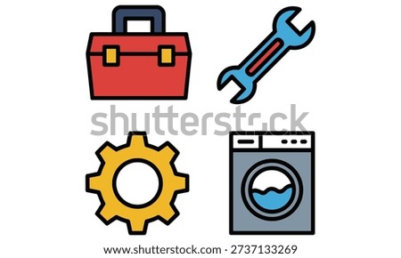 Toolbox, wrench, cog, and washing machine icons symbolize maintenance and repair services and household chores in a simple graphic style, representing various aspects of home care and appliance maintenance, making it suitable for use in instructional or informational materials.