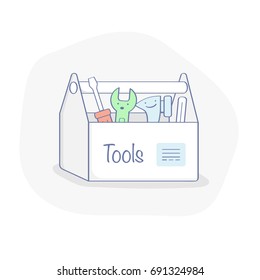 Toolbox with wrench, hammer, screwdriver. Tools vector illustration concept of repair, creation, renovation, overhaul, engineering works. Flat line concept, UX UI element for web and mobile design.