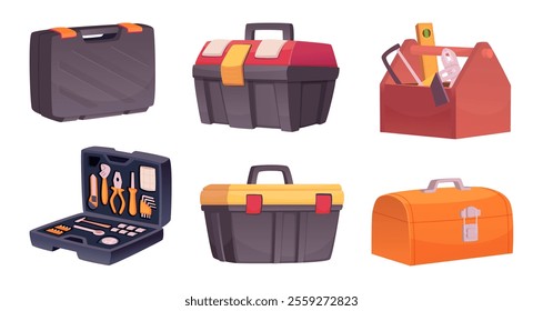 Toolboxes. Design packages for repair tools accessories for professional builders and repairman exact vector equipment containers in cartoon style