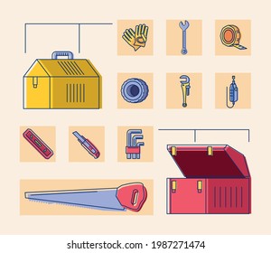 toolboxes tools saw gloves cutter