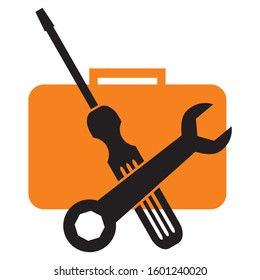 toolkit, black wrench and screwdriver, at background orange box, vector icon