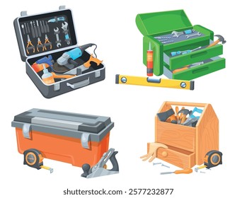 Toolkit boxes. Construction tool box, repair master implement toolbox household renovation instruments hammer screwdriver spanner, maintenance equipment neat vector illustration original artwork