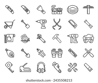 Toolkit construction icons line style. Contain 30 icons