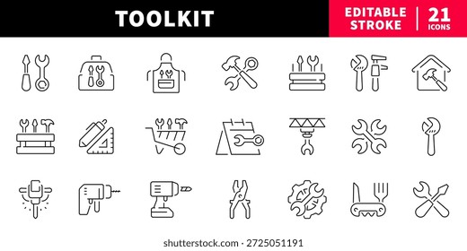 Toolkit editable line icons set. tools and repair essentials