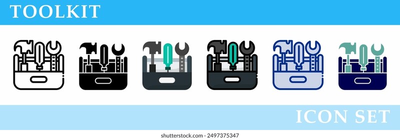  Toolkit icons set. 6 Various styles. For sign, symbol, element, presentation, infographic or web graphics. Vector Illustration.