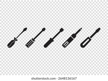 Conjunto de ícones de silhueta e linear do kit de ferramentas. Cruz de chave inglesa e pictograma de chave de fenda. Kit de Ferramentas para Coleção de Símbolos de Reparo. Caixa de ferramentas para corrigir sinal. Ilustração de vetor isolada.